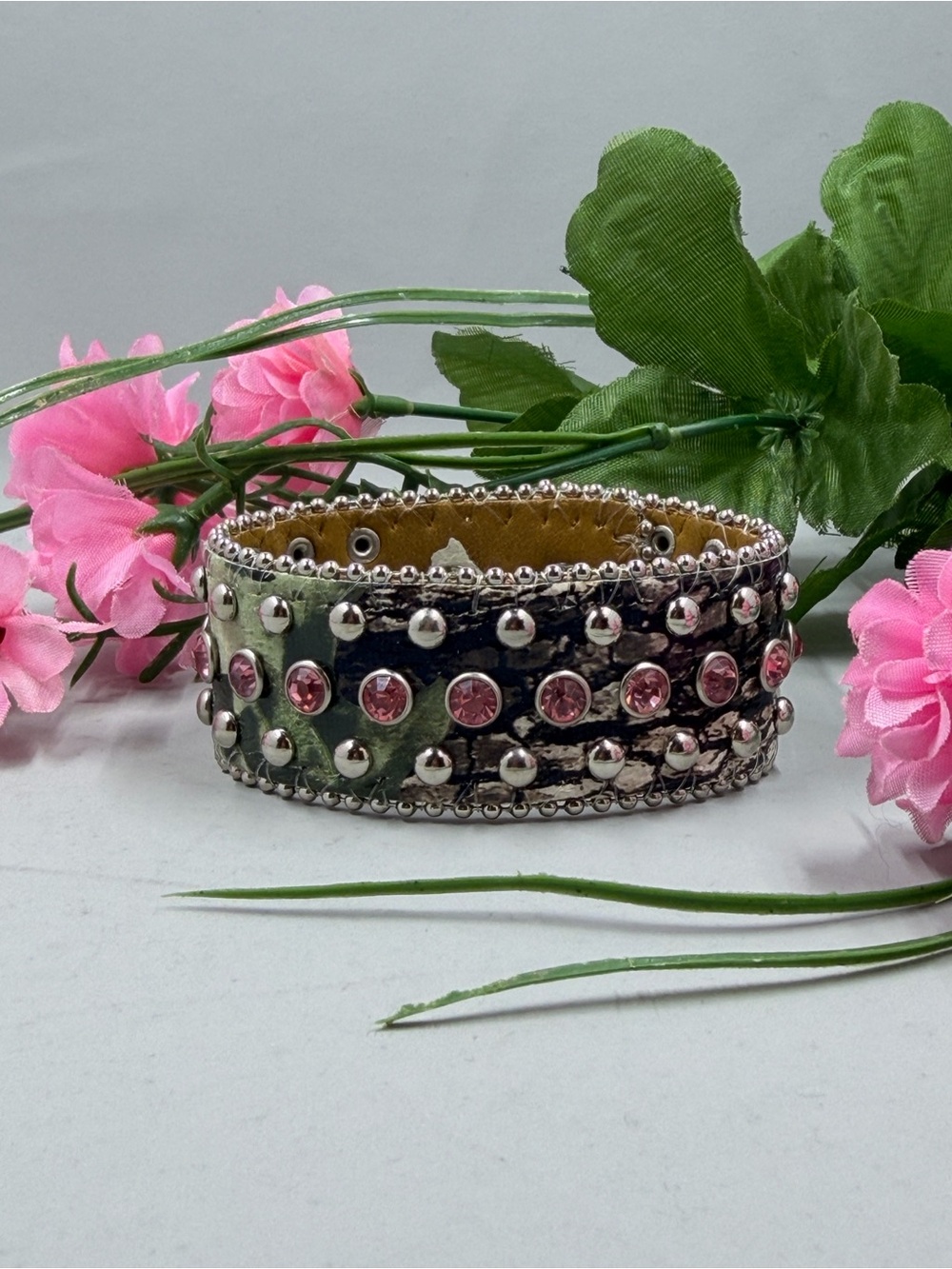Vintage Western Style Pink Crystal and Camo Leather Cuff Bracelet